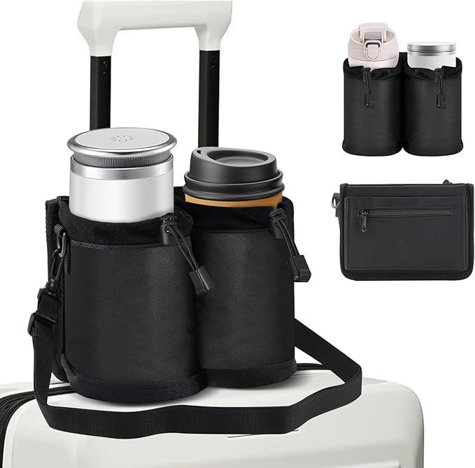 A suitcase with a bottle holder and a wallet on it.