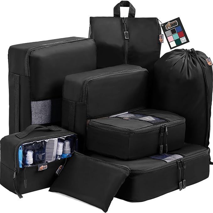 A bunch of black suitcases and bags are stacked on top of each other on a white background.