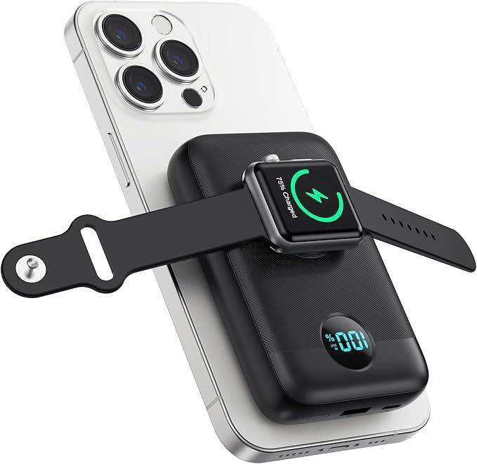 A smart watch is sitting on top of a power bank.