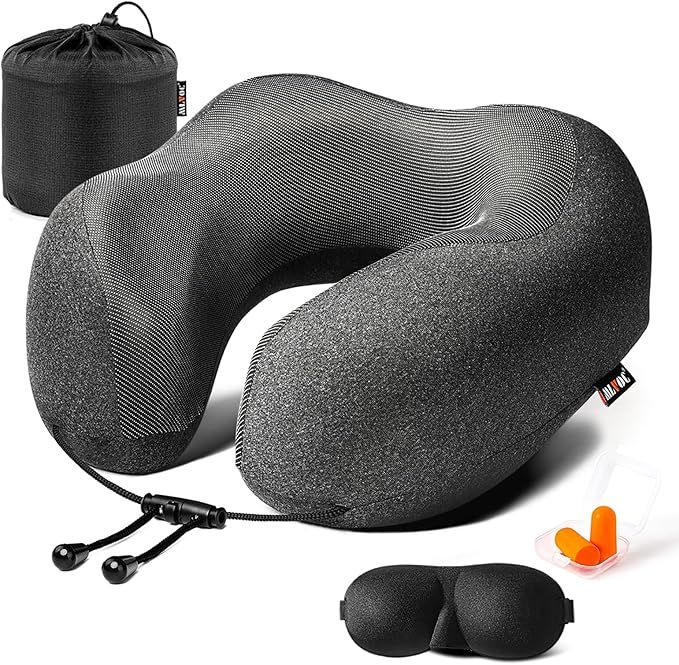 A travel pillow with ear plugs and a eye mask
