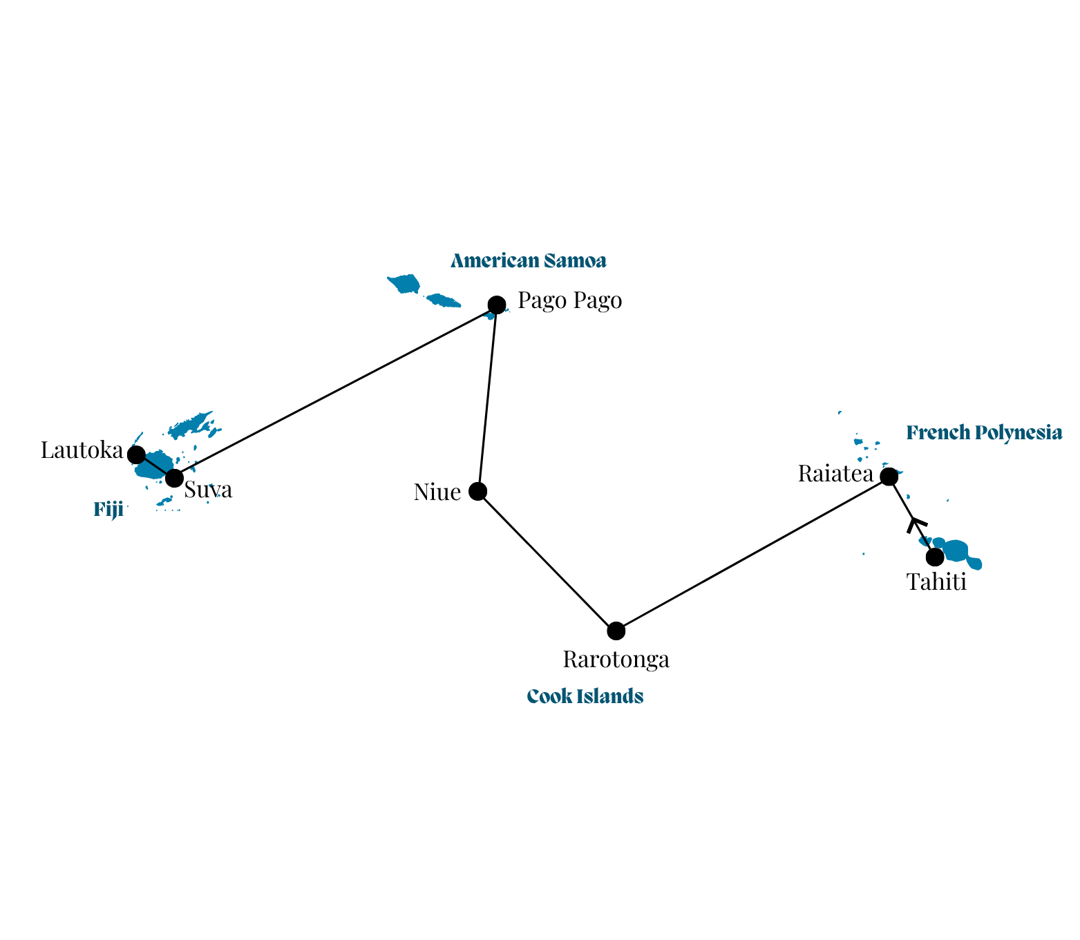 A map showing the route of an Oceania cruise through French Polynesia, American Samoa, the Cook Islands, and Fiji.