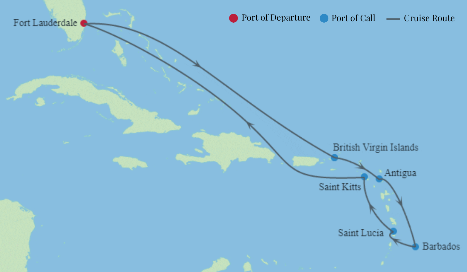 A map showing the route of Celebrity Cruise's cruise through the southern Caribbean.
