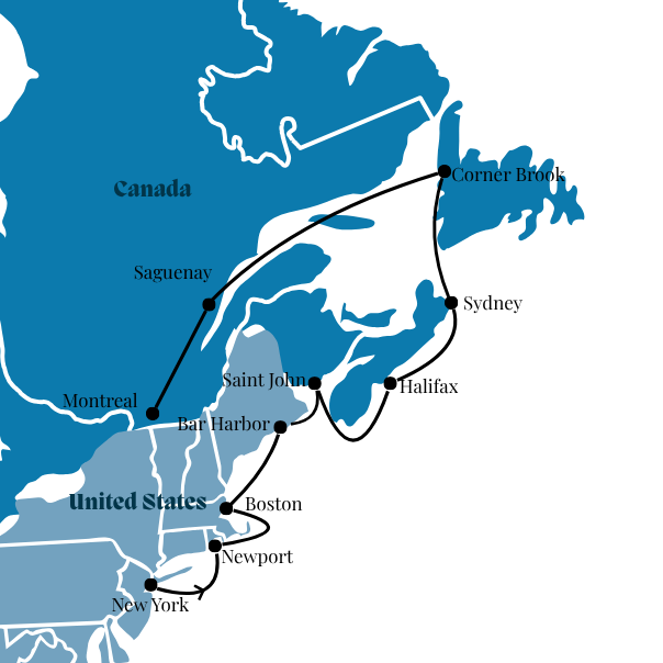 A map showing the route of Oceania's cruise through Canada and New England.