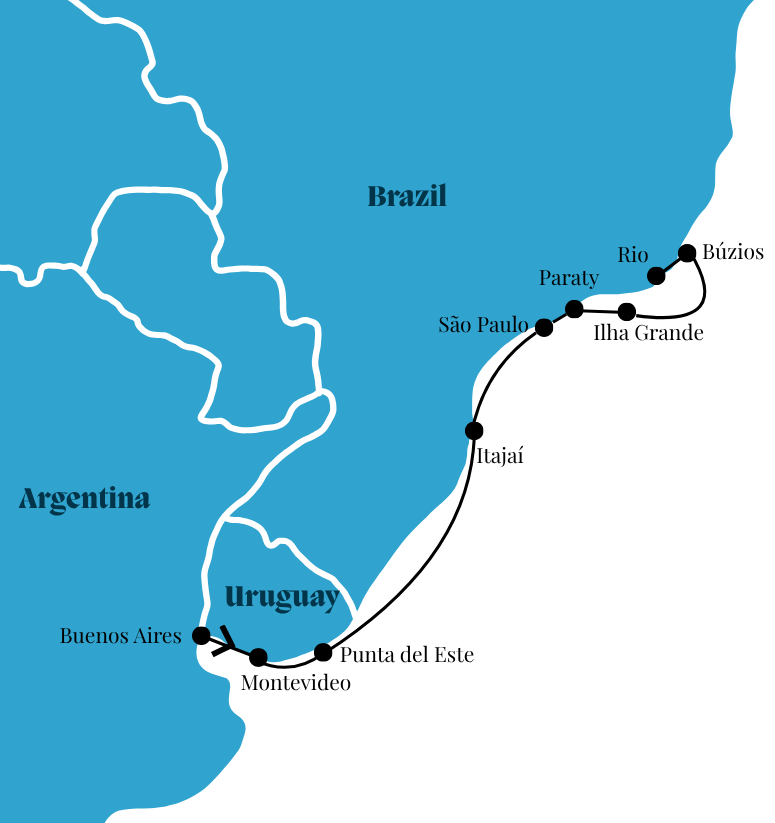 A map showing the route of Oceania's Brazilian Brilliance cruise.