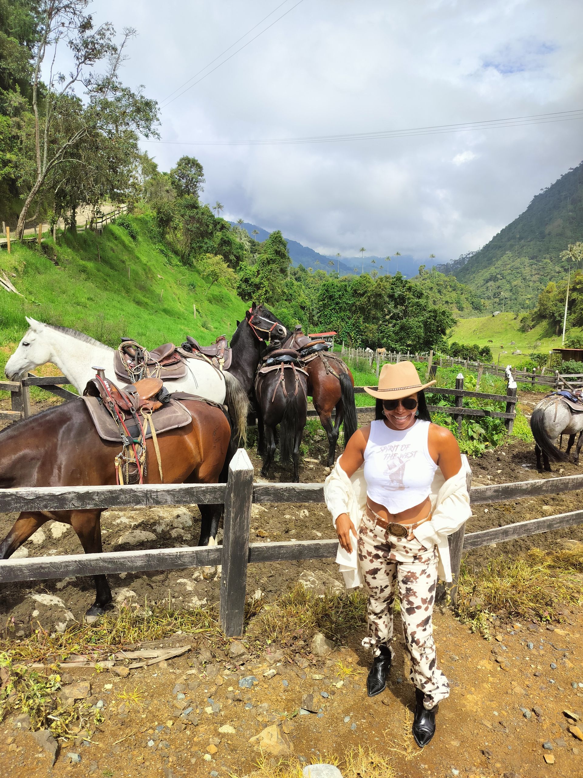 Woman in cowboy hat and camo pants poses near saddled horses in a mountainous area.