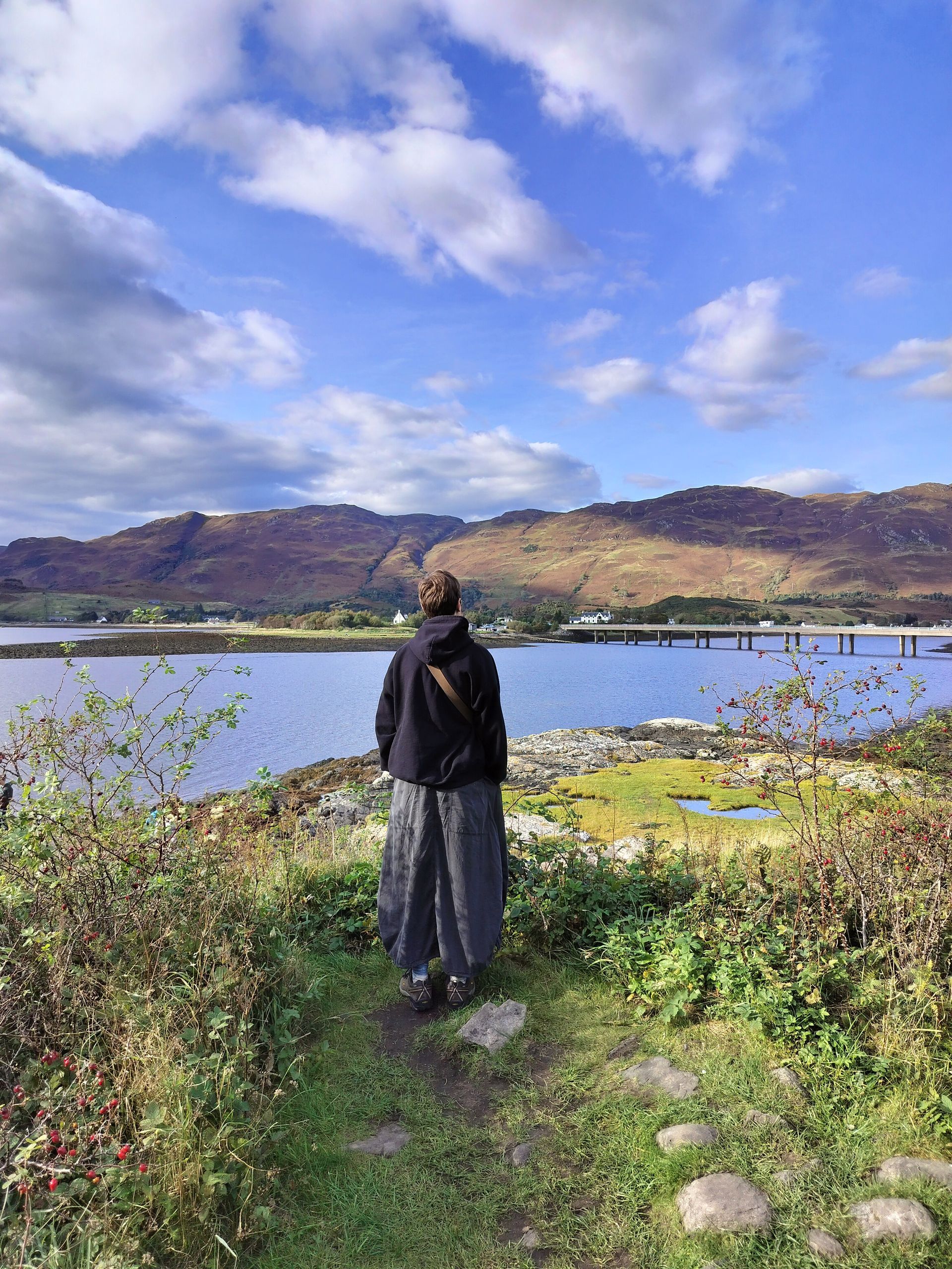Person looking out at a scenic view of a body of water and mountains under a blue sky.