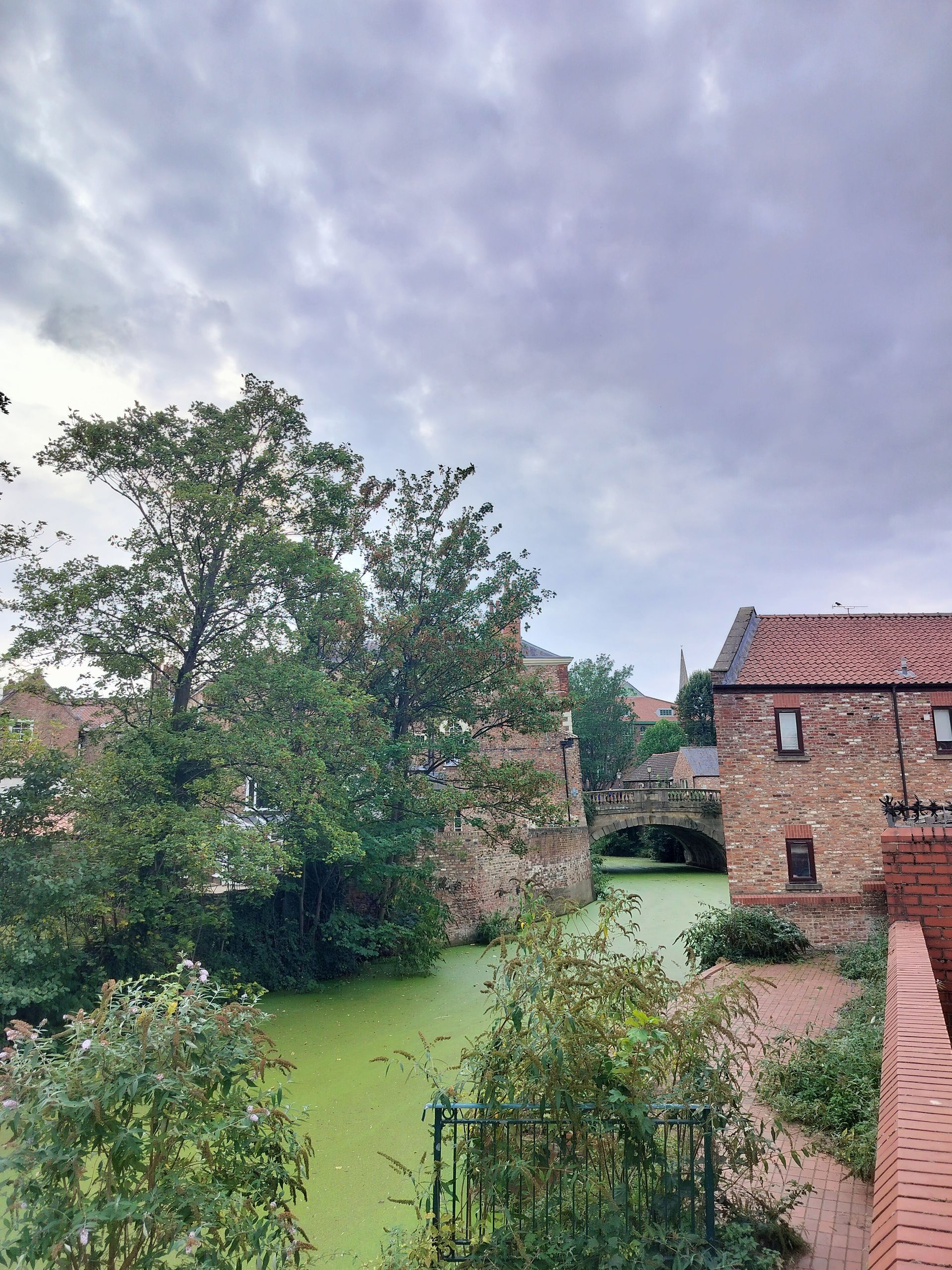 Green-covered moat in front of stone buildings, under a cloudy sky.