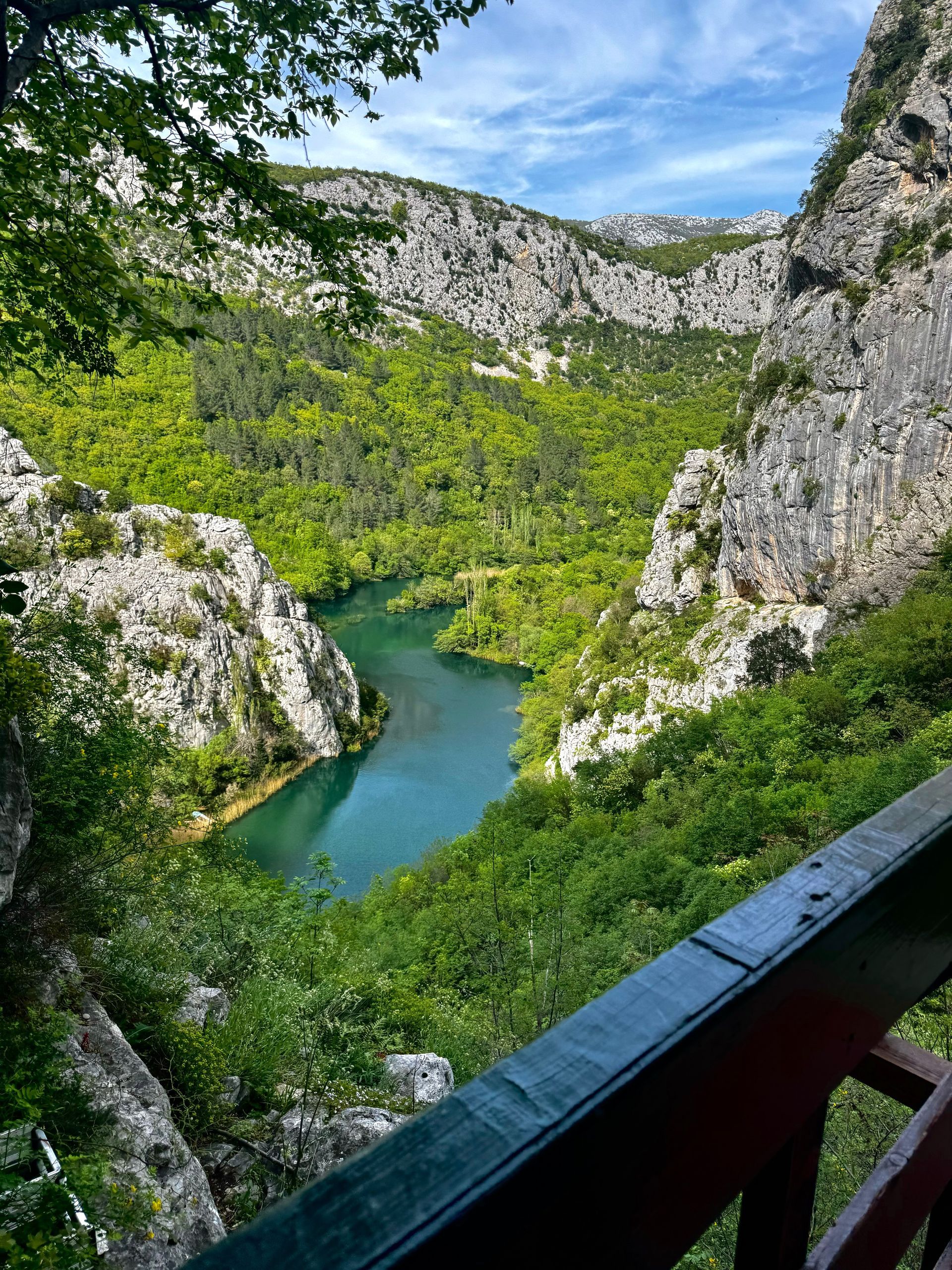 Emerald river winding through a rocky gorge, surrounded by lush green foliage under a blue sky.