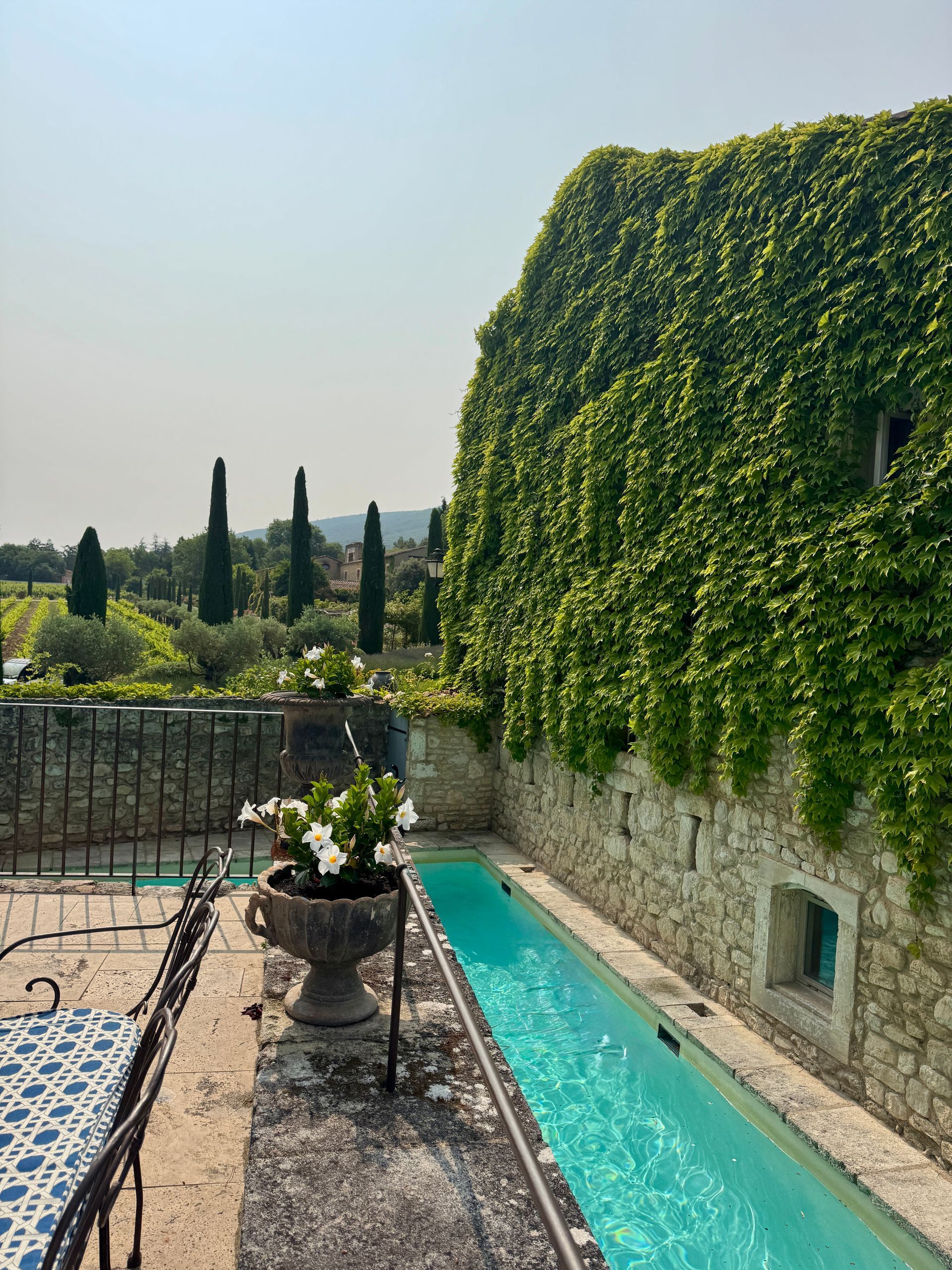 Stone building with ivy-covered wall, turquoise water trough, outdoor seating, and scenic view of trees.