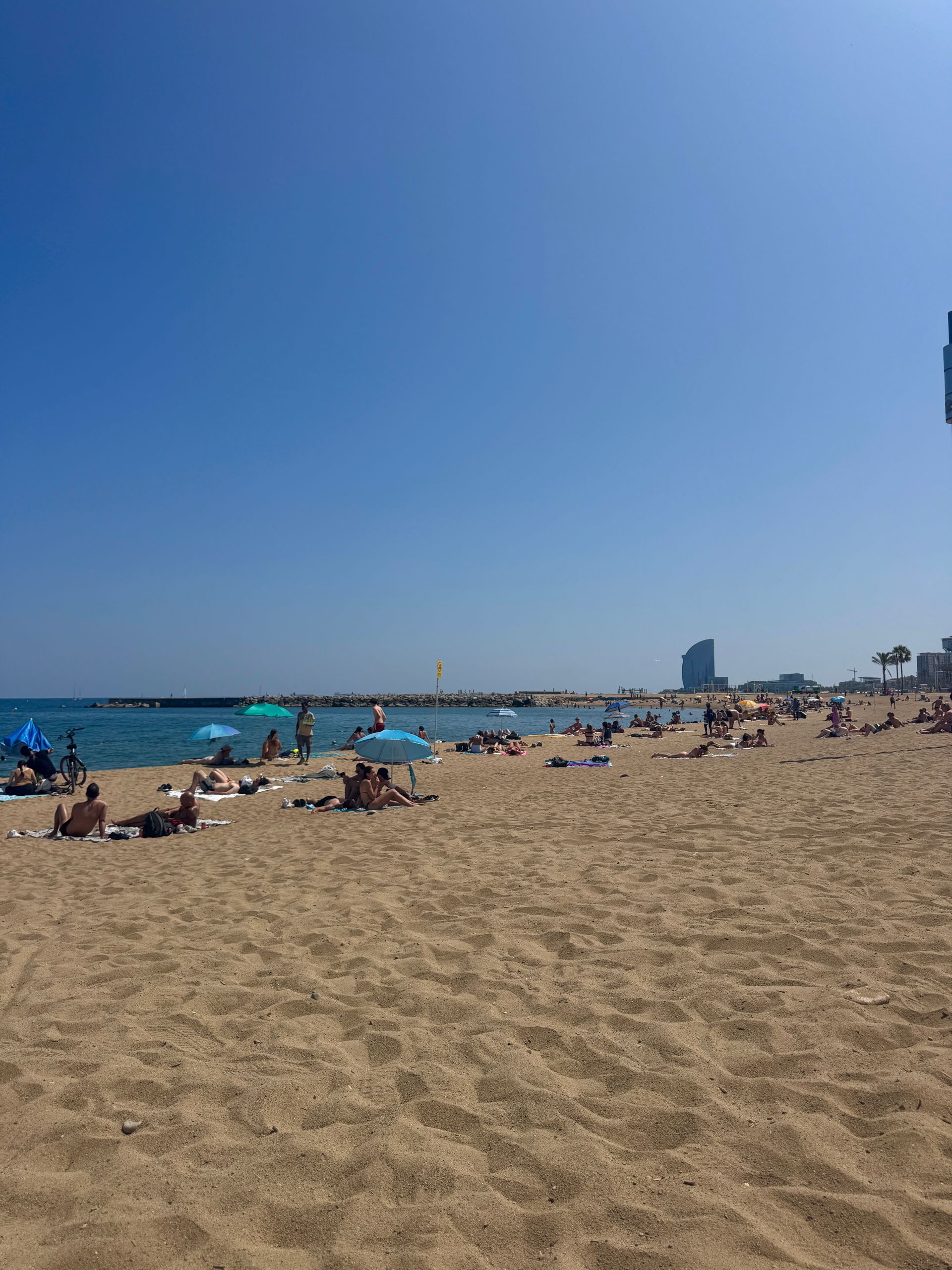 Beach scene: People sunbathe on sandy beach under a clear blue sky. Ocean visible.