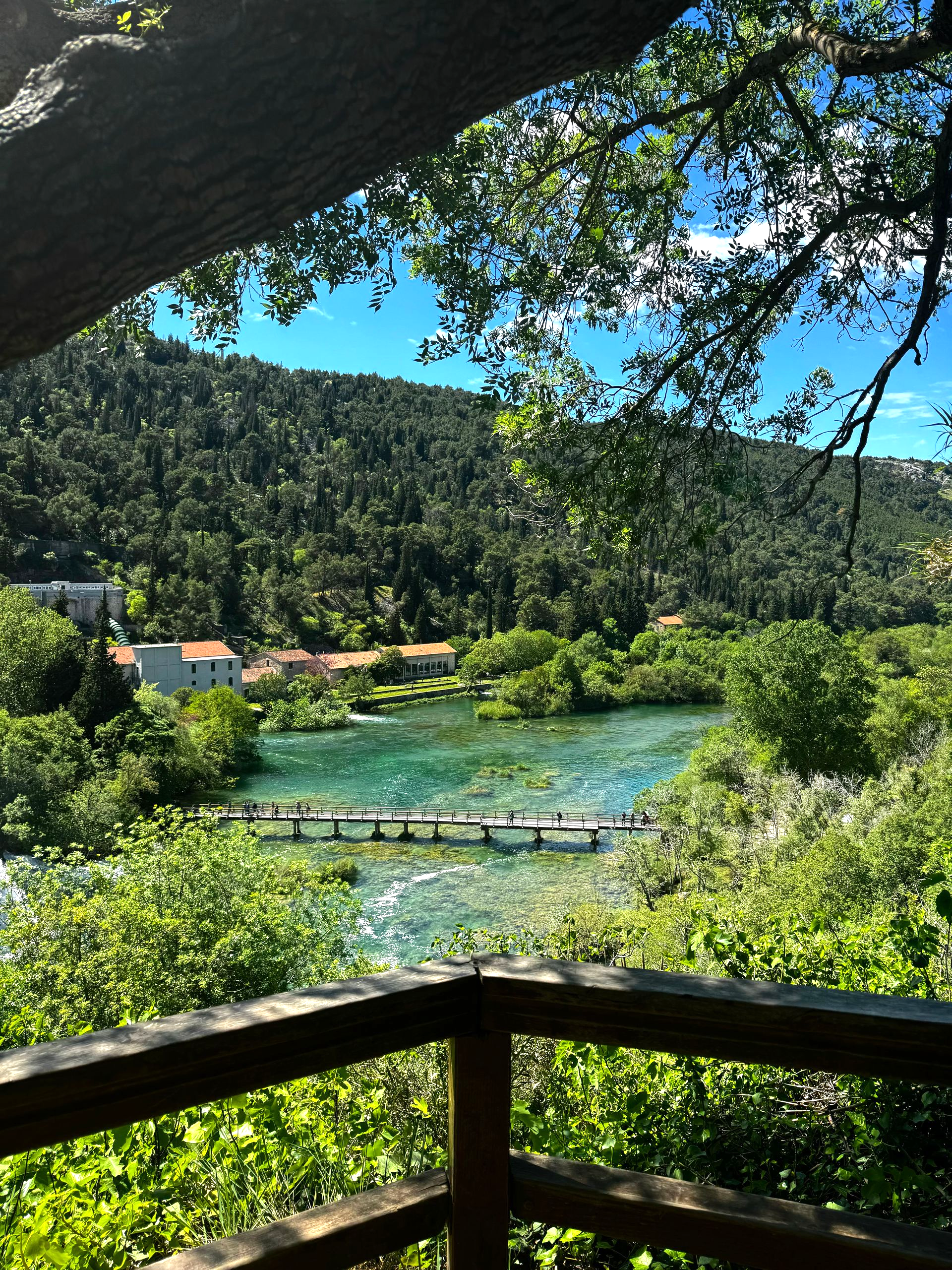 Wooden bridge over turquoise river, lush green landscape under a blue sky.