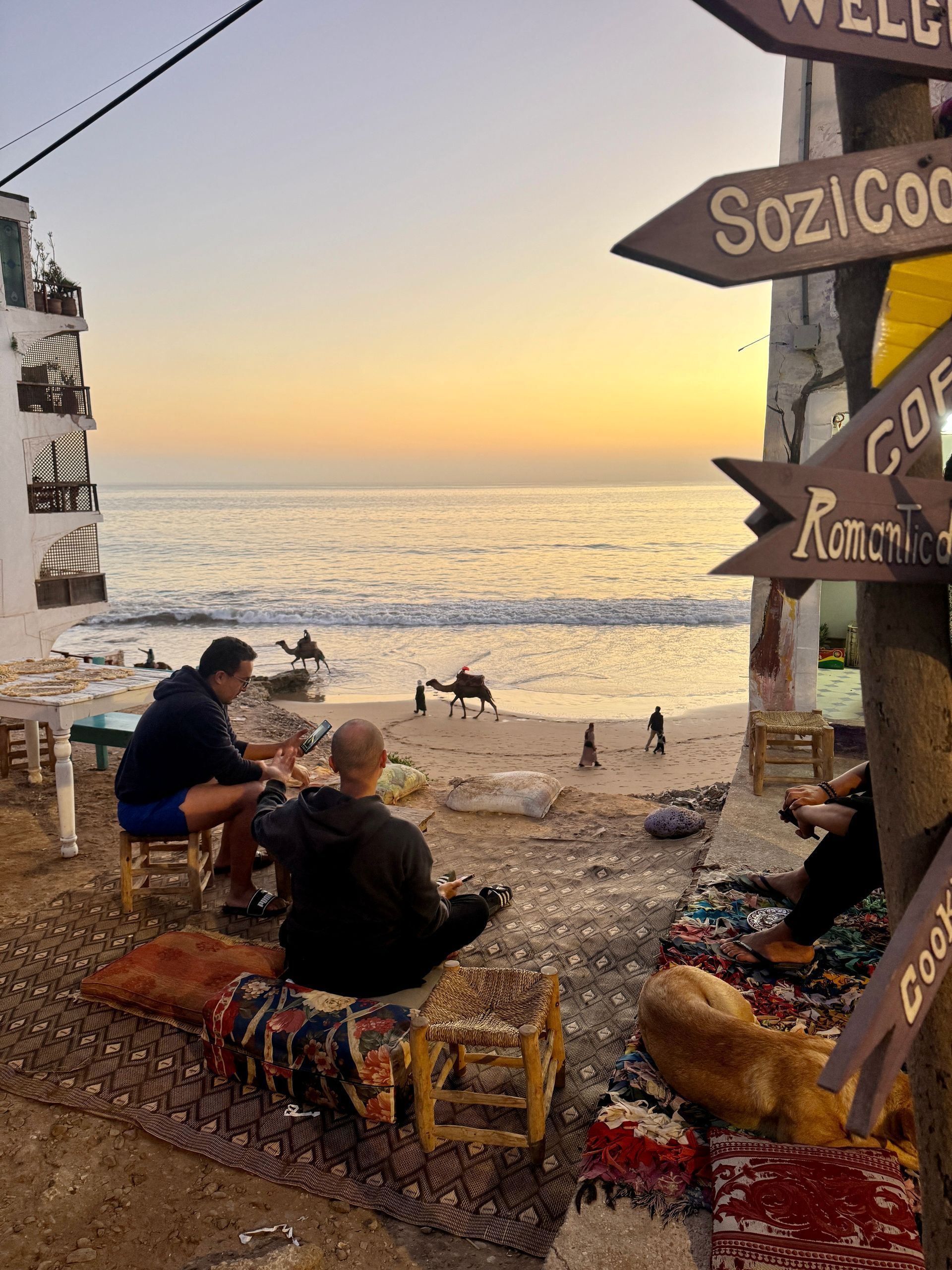 People sit on cushions, facing the ocean at sunset, near wooden signs.