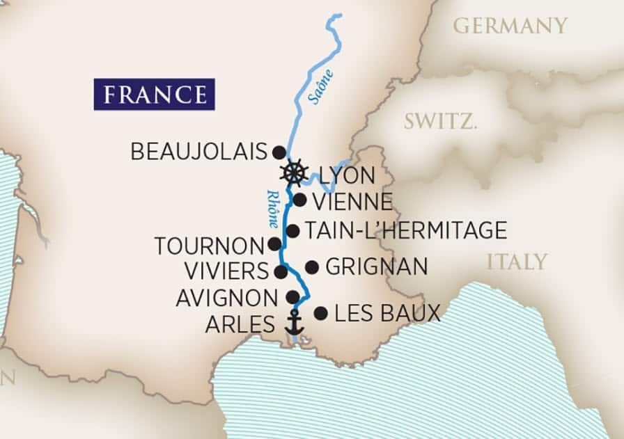 A map showing the route of Amawaterway's Rhône river cruise through Provence, France.