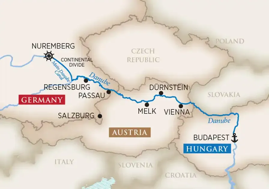 A map showing the route of Amawaterway's Legendary Danube river cruise.