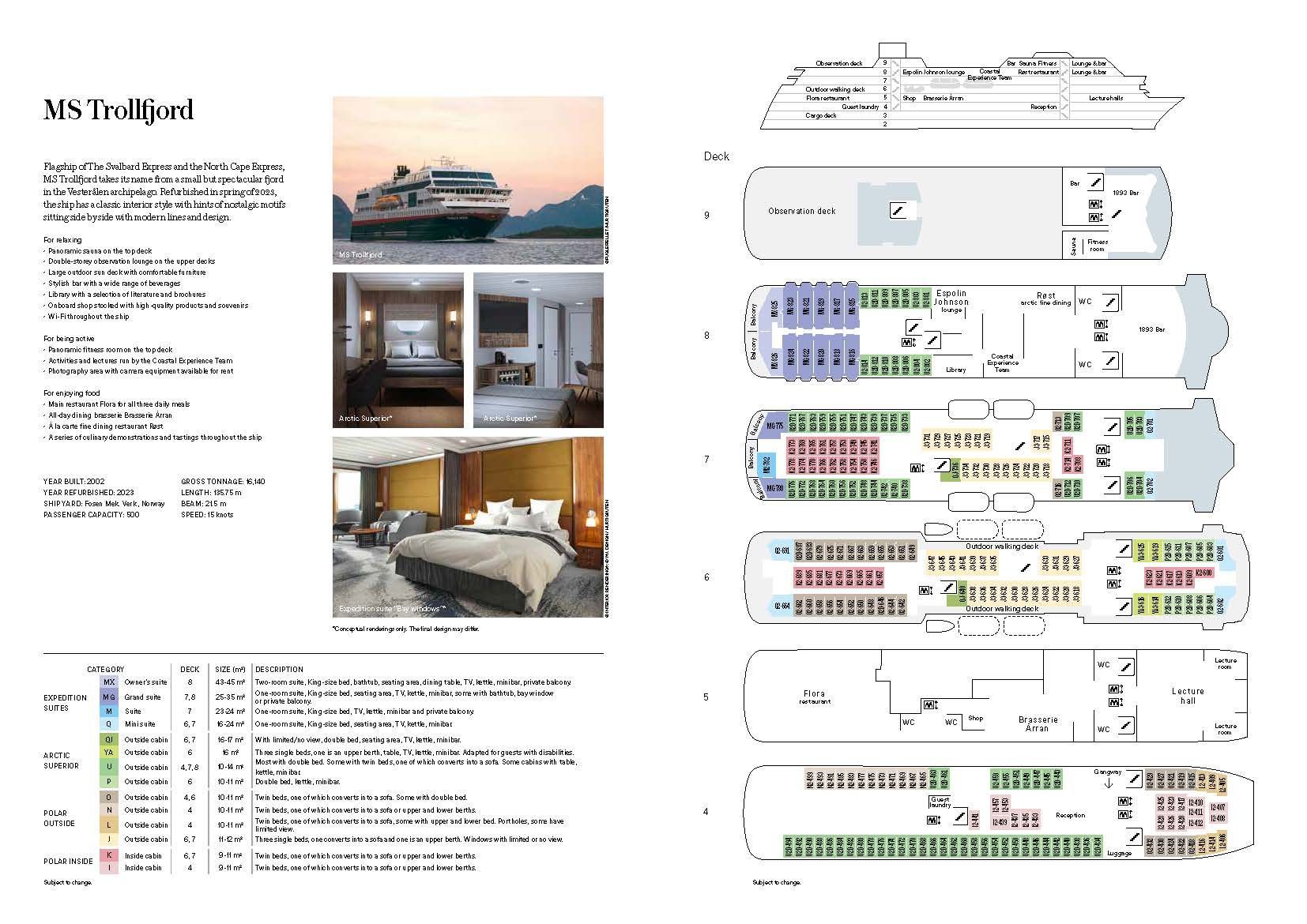 A brochure for a cruise ship has a picture of a ship and a picture of a hotel room.