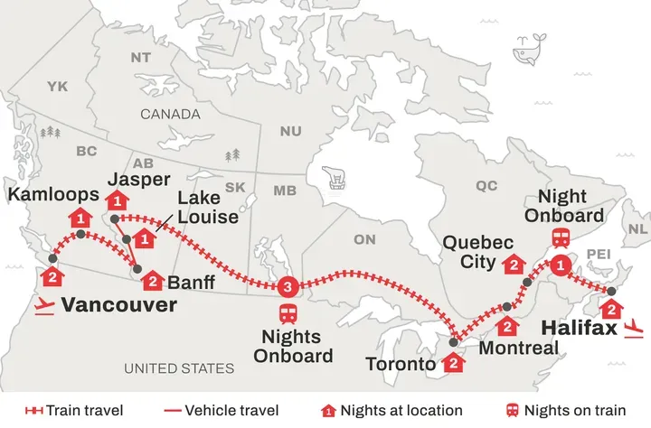 A map showing the route of Fresh Track's Canada Coast to Coast rail tour.