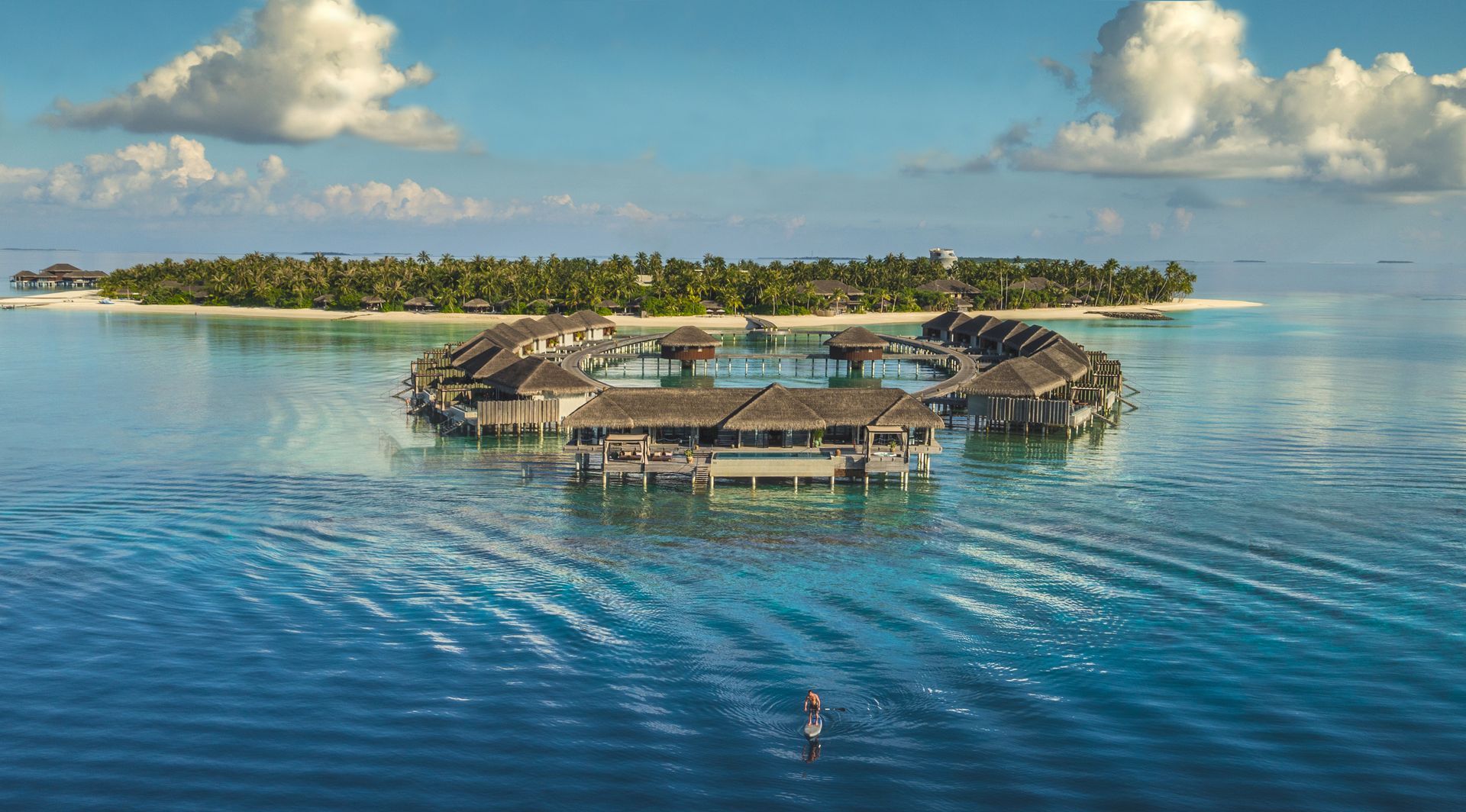 An aerial view of Velaa's overwater bungalows in the Maldives. 