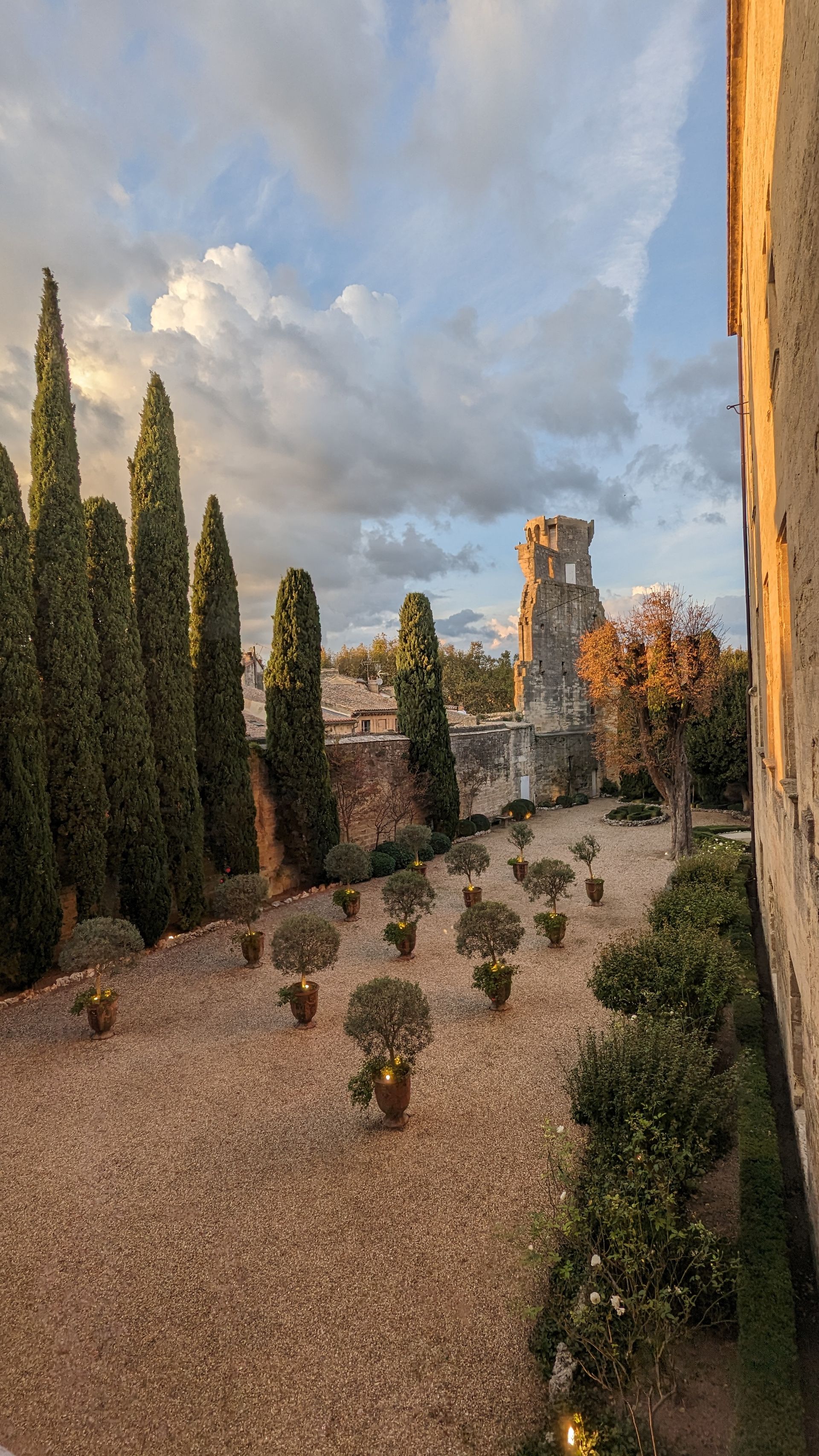 Stone garden with potted plants, tall trees, and a distant tower under a cloudy sky.
