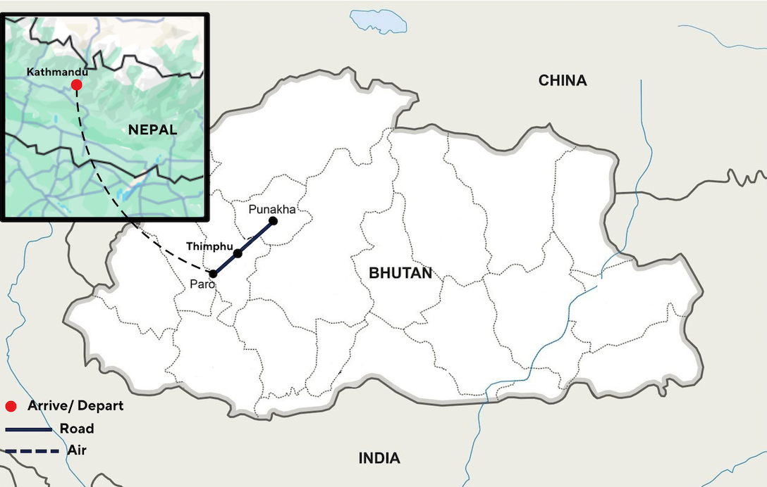 A map showing the route of Abercrombie & Kent's Heart of the Himalaya through Bhutan and Nepal.