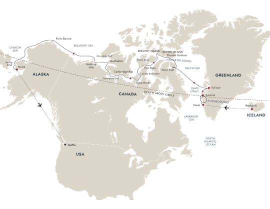 A map showing the route of Hurtigruten Expeditions' cruise through the Northwest Passage.
