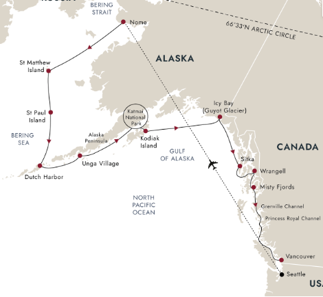A map showing the route of Hurtigruten Expeditions' Cruise through Alaska & British Columbia.
