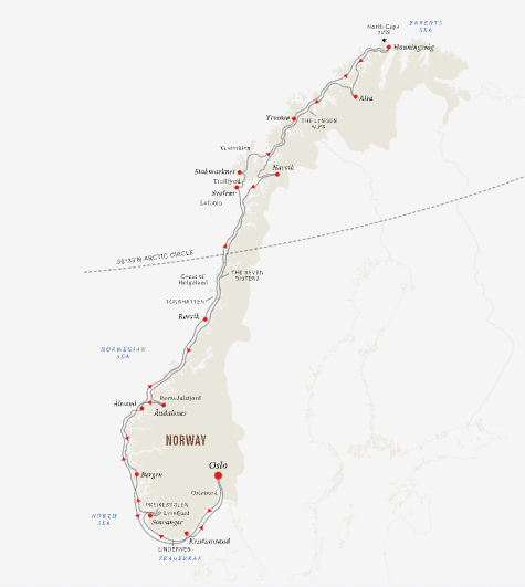 A map showing the route of Hurtigruten's round-trip North Cape Line cruise in Norway.