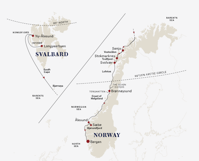 A map showing the route of Hurtigruten's southbound Svalbard Line cruise in Norway.