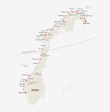 A map showing the route of Hurtigruten's northbound Coastal Express cruise in Norway.