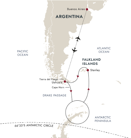 A map showing the route of Hurtigruten Expeditions' cruise through Antarctica & the Falklands.
