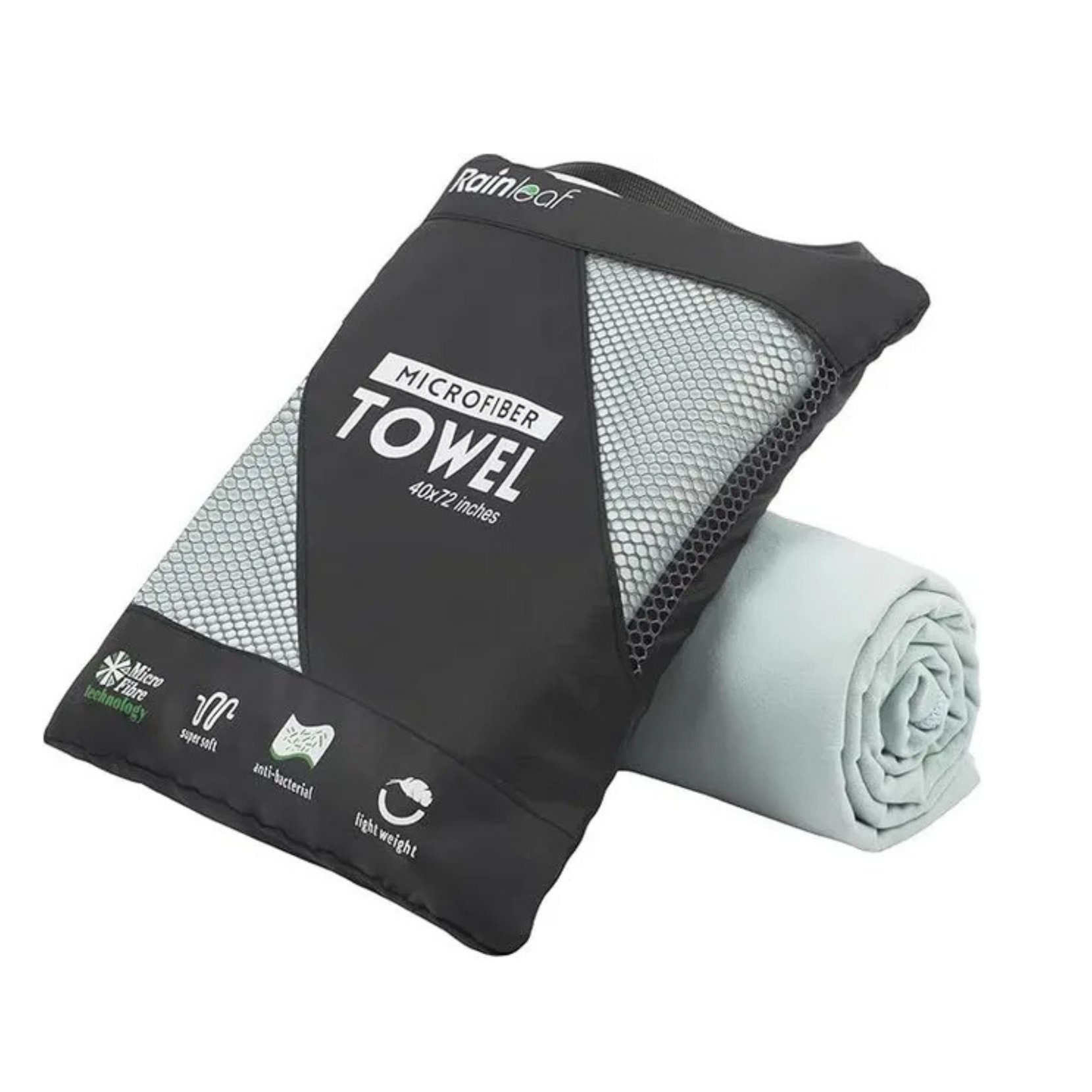 A microfiber towel is rolled up in a black bag.