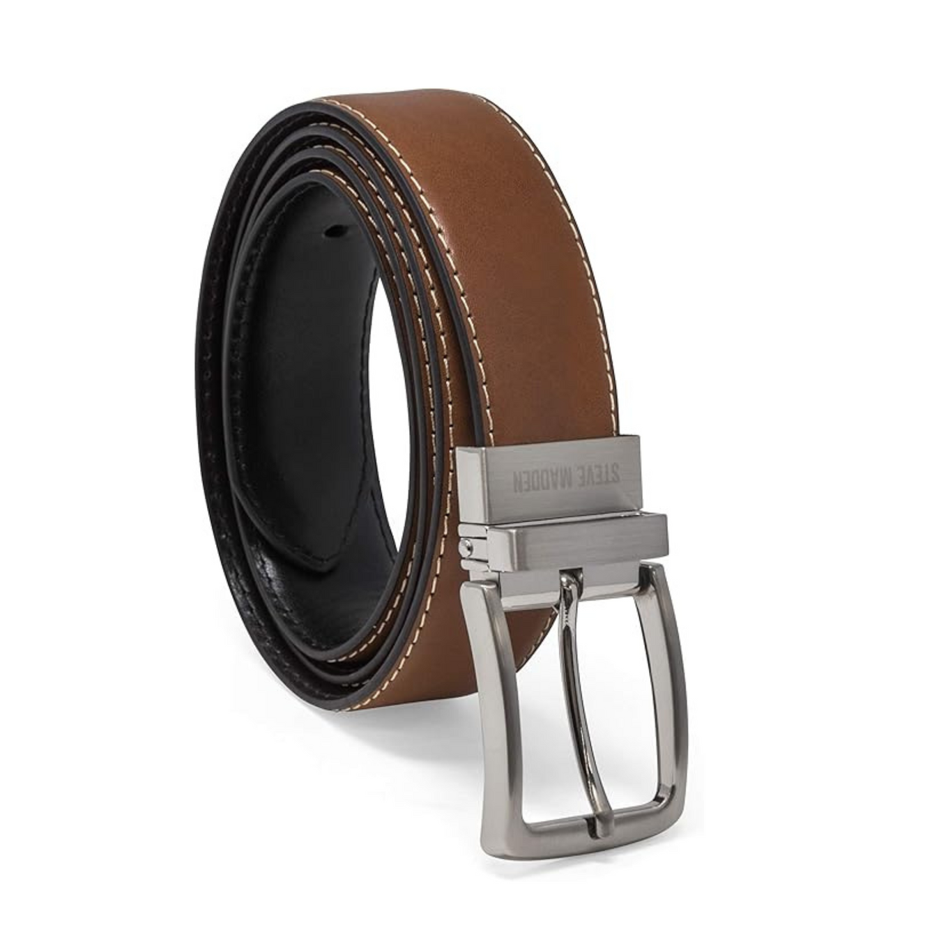 A brown and black belt with a silver buckle