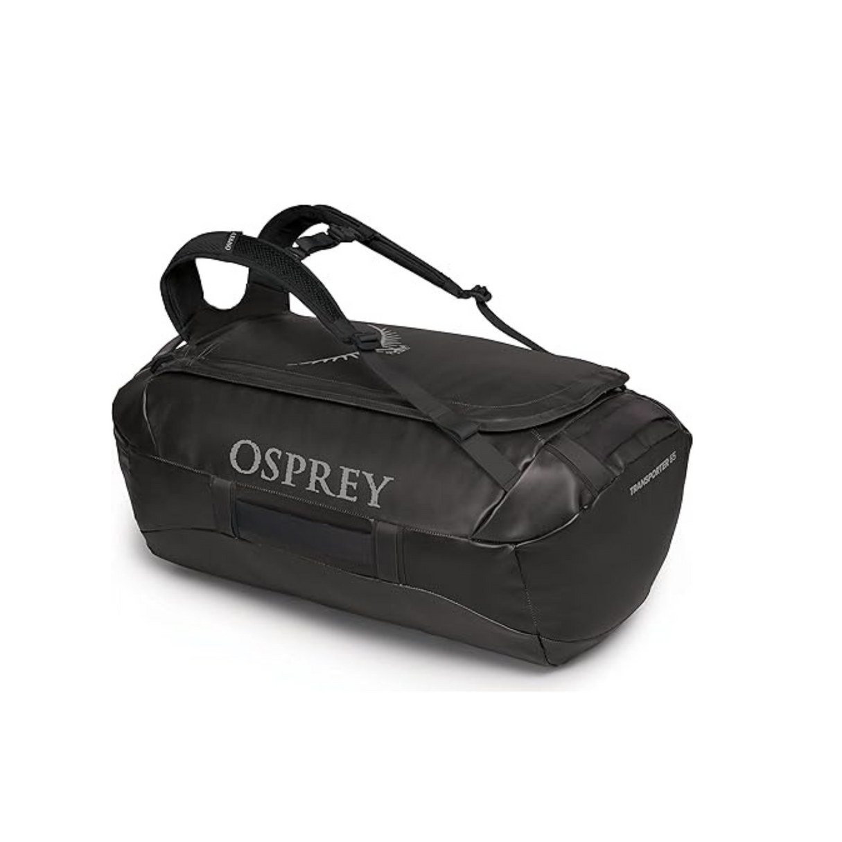 A black duffel bag with the word osprey on it.