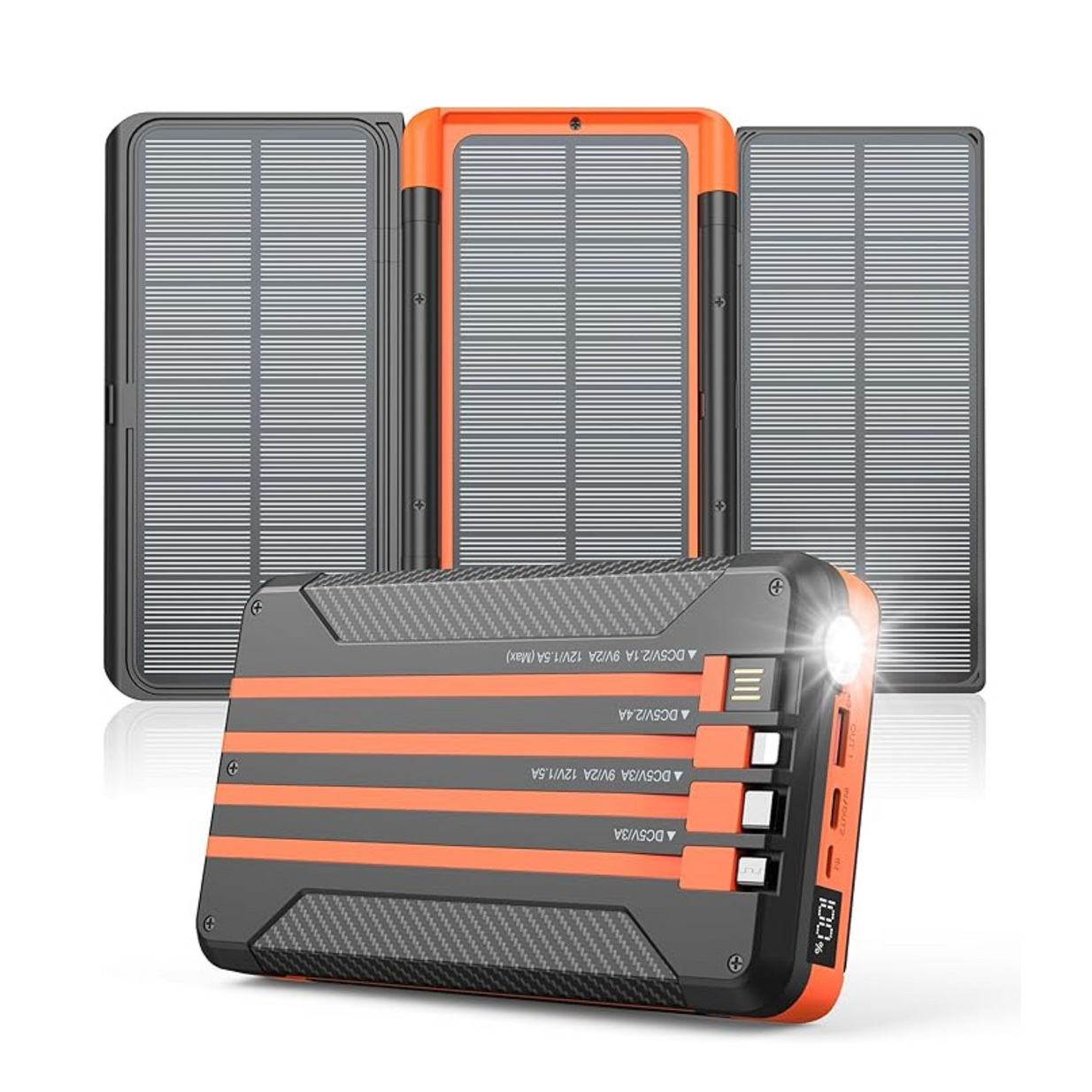A black and orange solar charger with three solar panels.