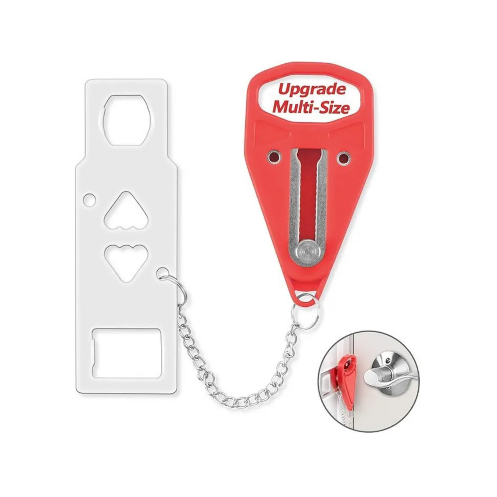 A red upgrade multi-size door lock with a chain attached to it
