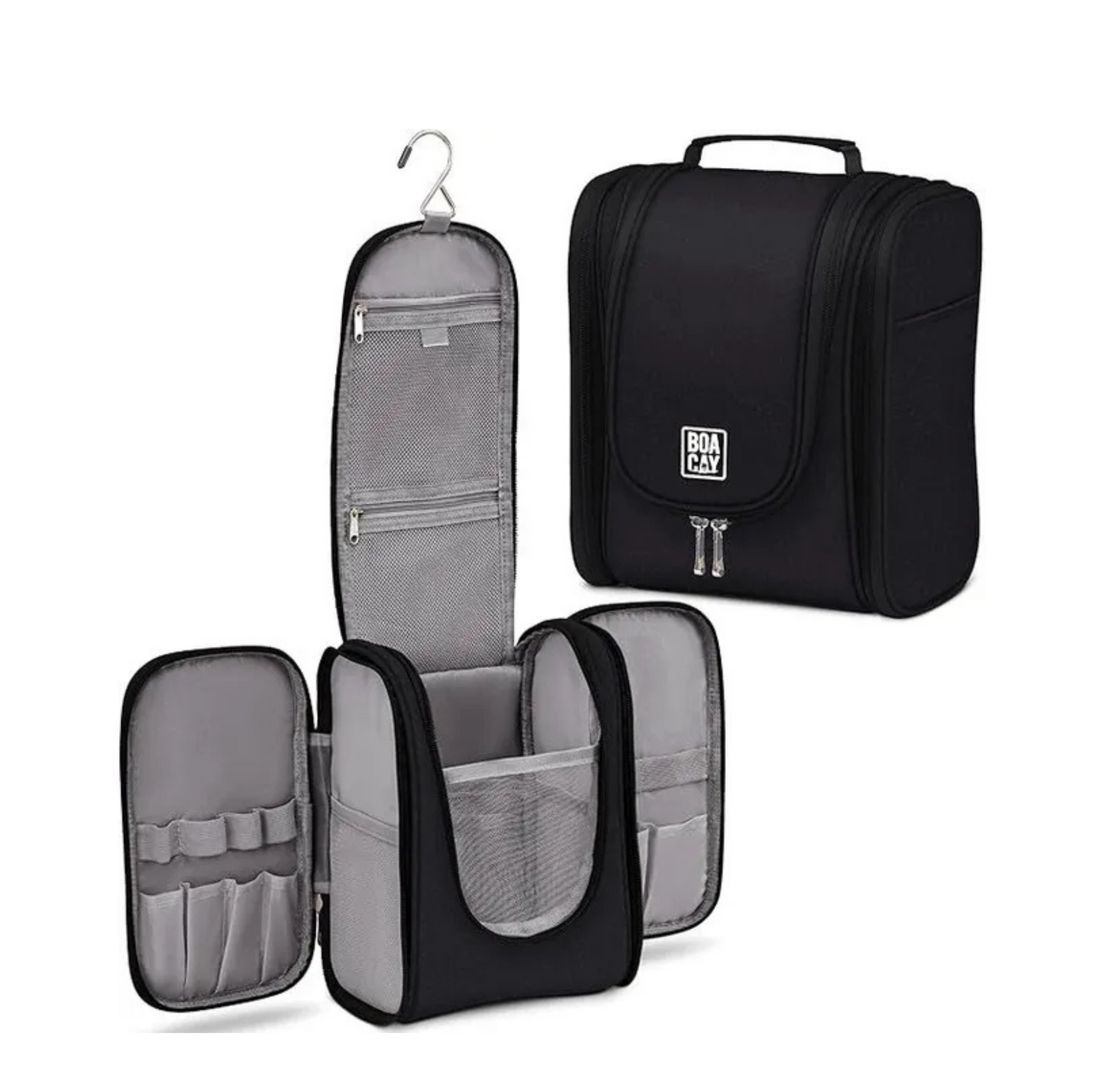 A black and gray hanging toiletry bag with a handle