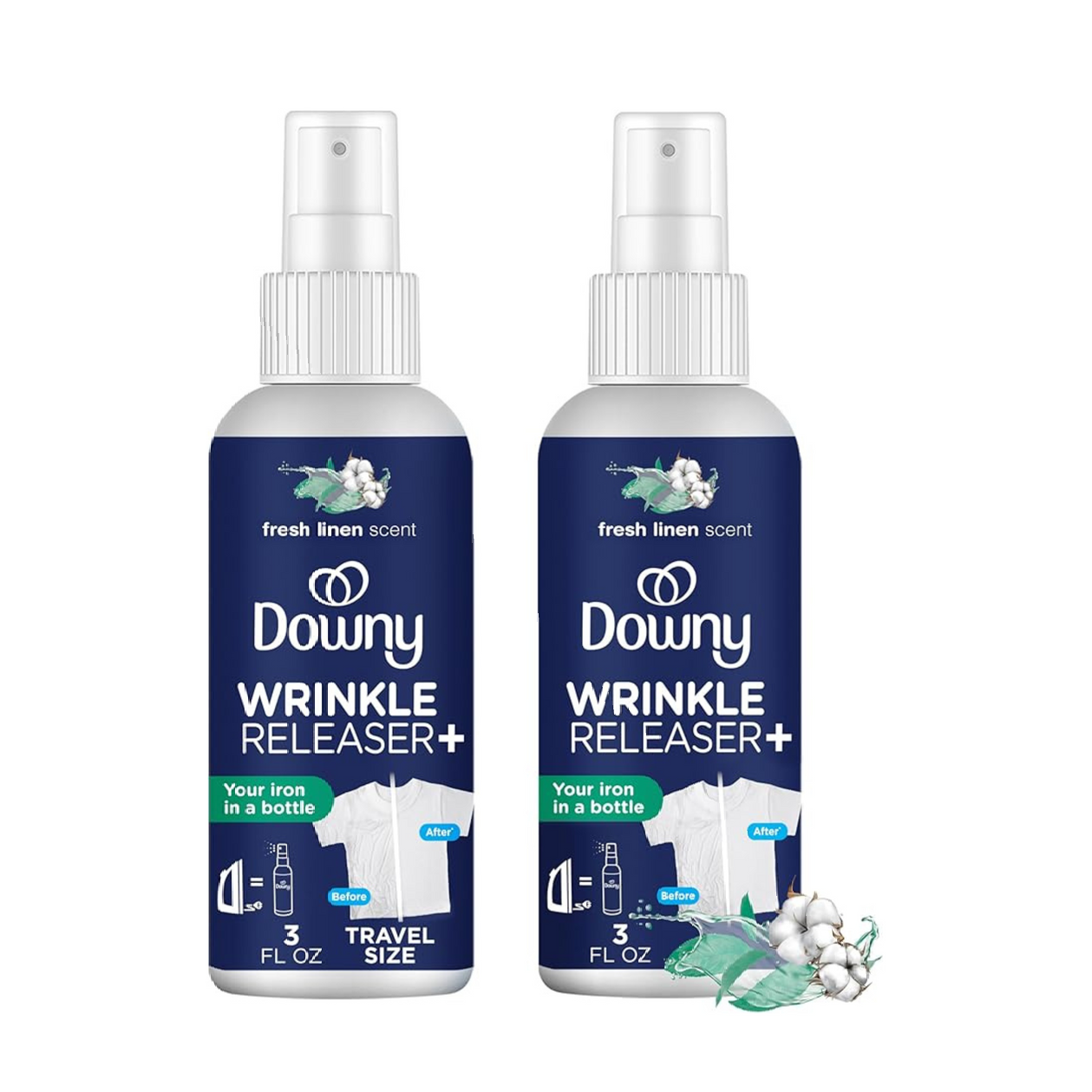 Two bottles of downy wrinkle releaser plus on a white background.