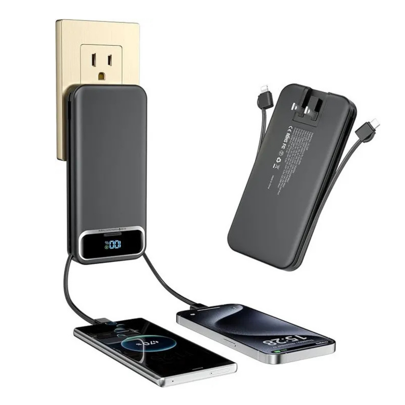A cell phone is being charged by a power bank.