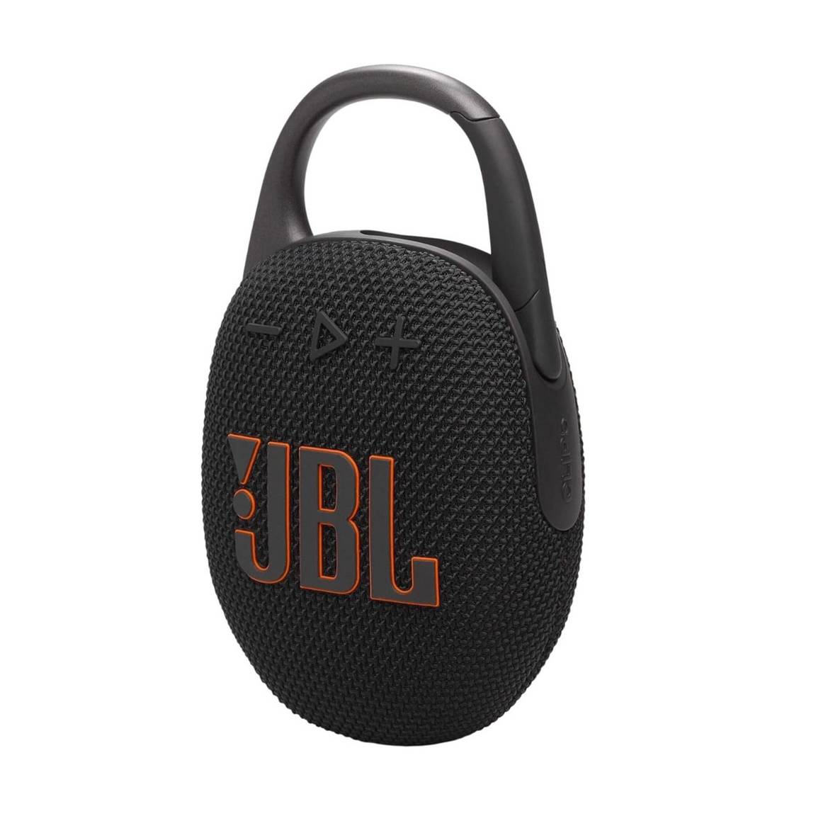 A black jbl clip 4 portable speaker with a handle on a white background.