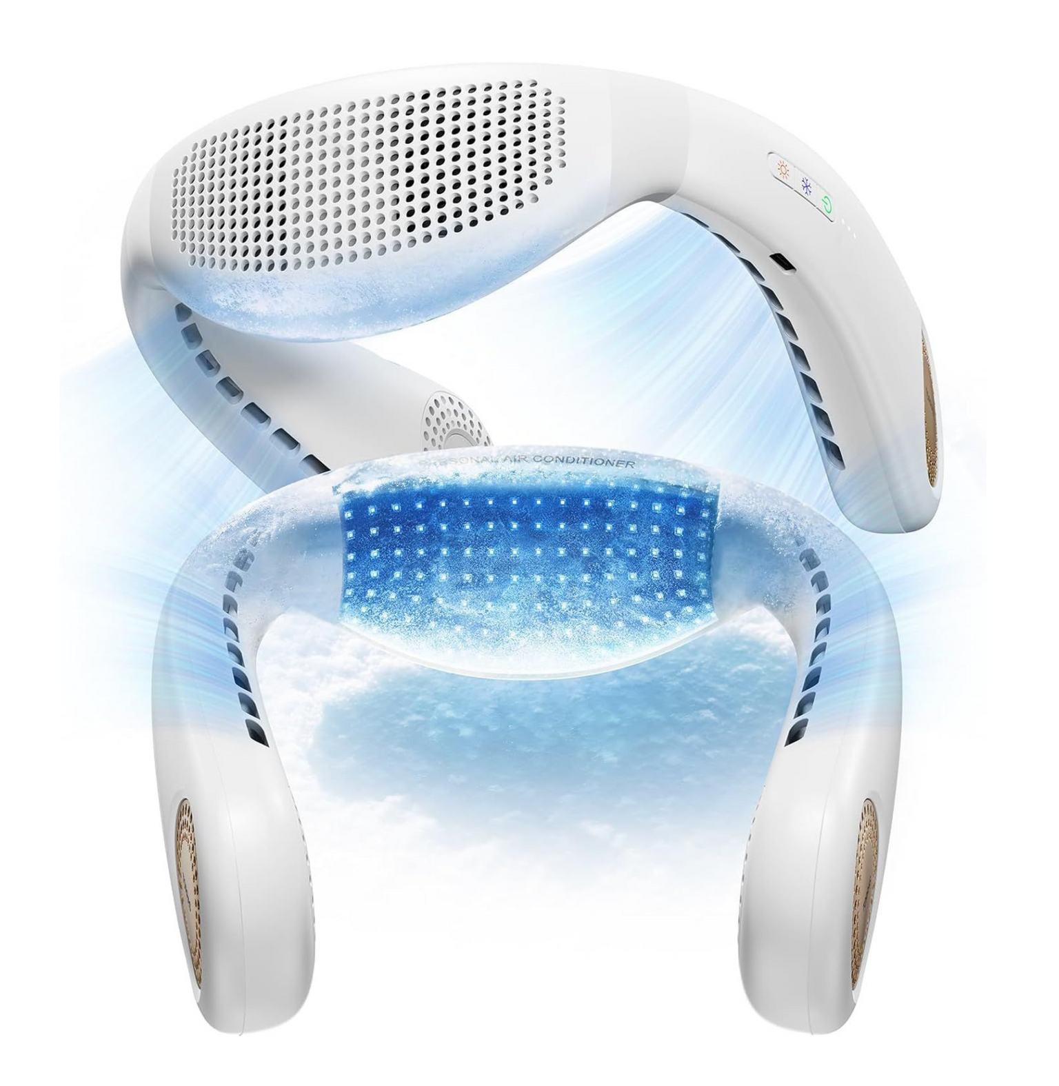 A white neck fan with a blue cushion on it