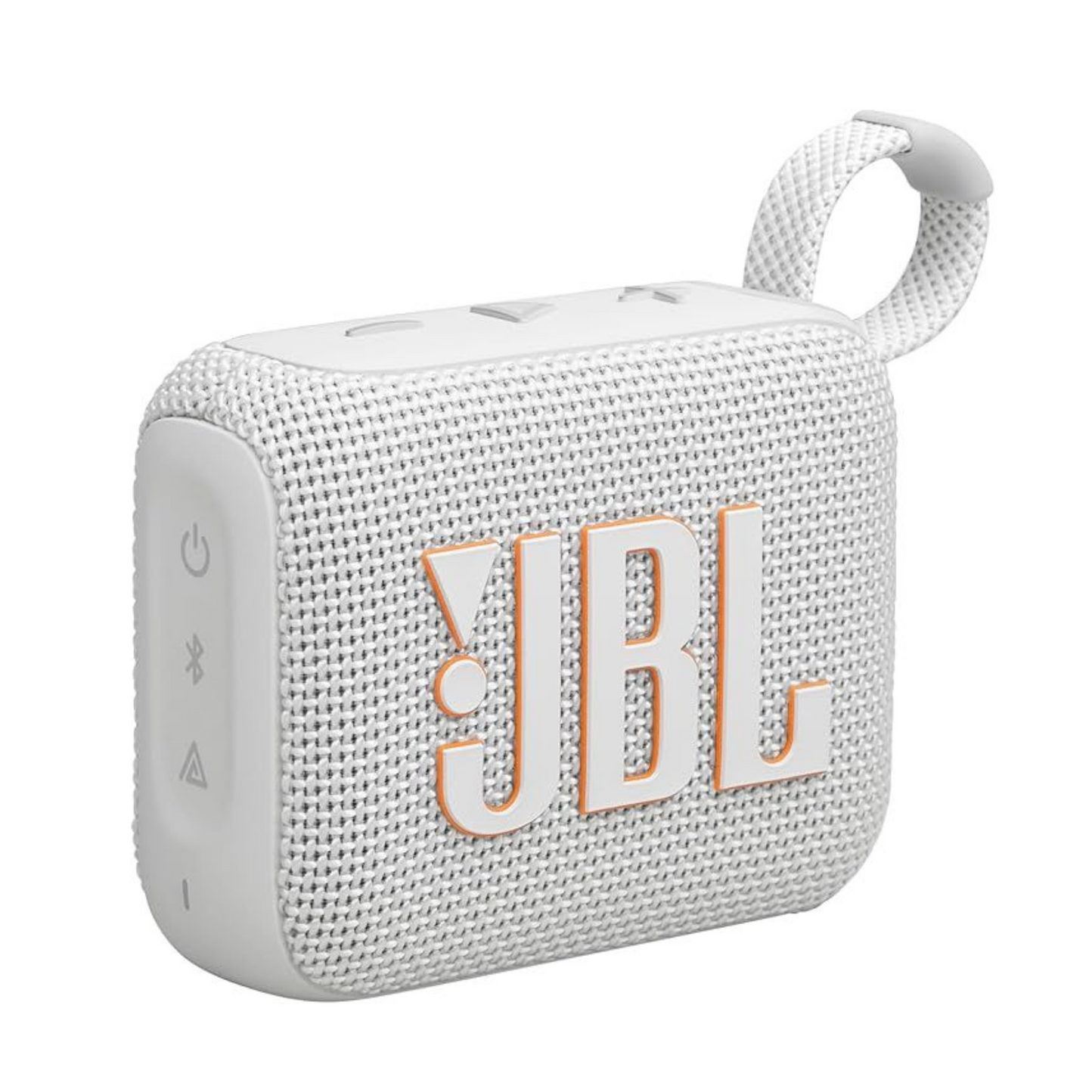 A white jbl speaker with a handle on it