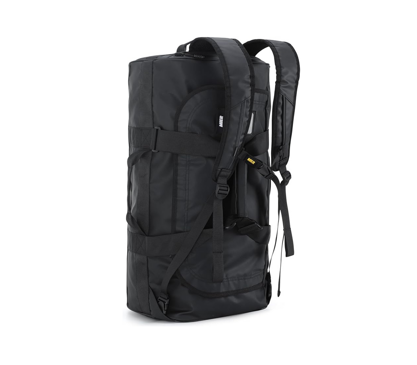 A black duffel bag with a backpack attached to it on a white background.