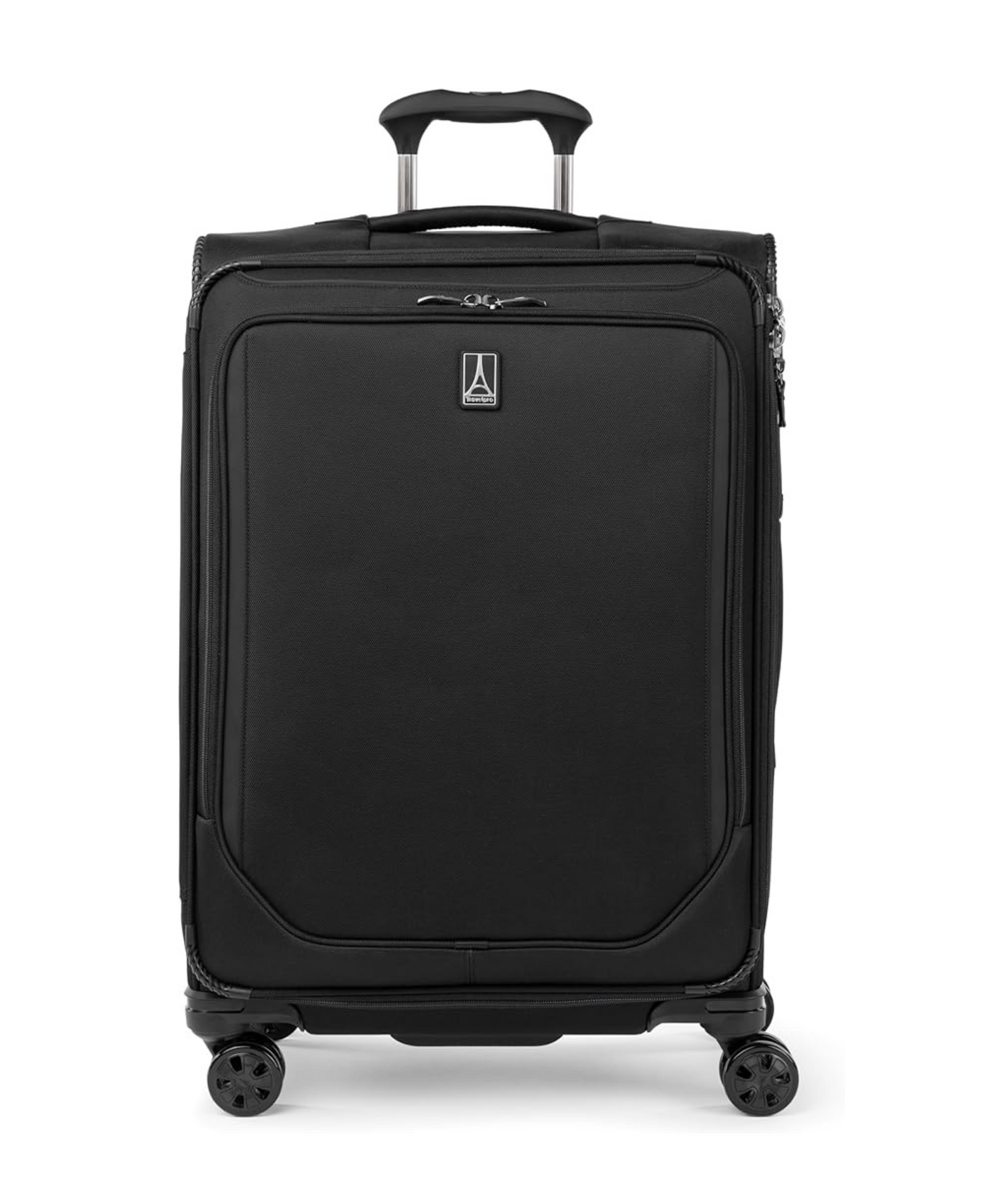 A black suitcase with wheels and a handle on a white background.