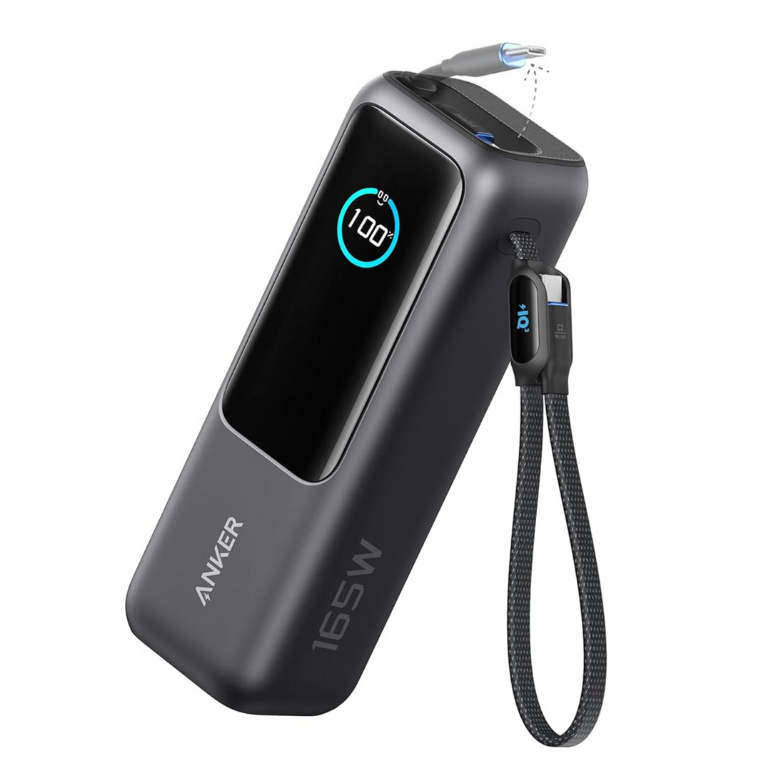 A black anker power bank with a lanyard attached to it.