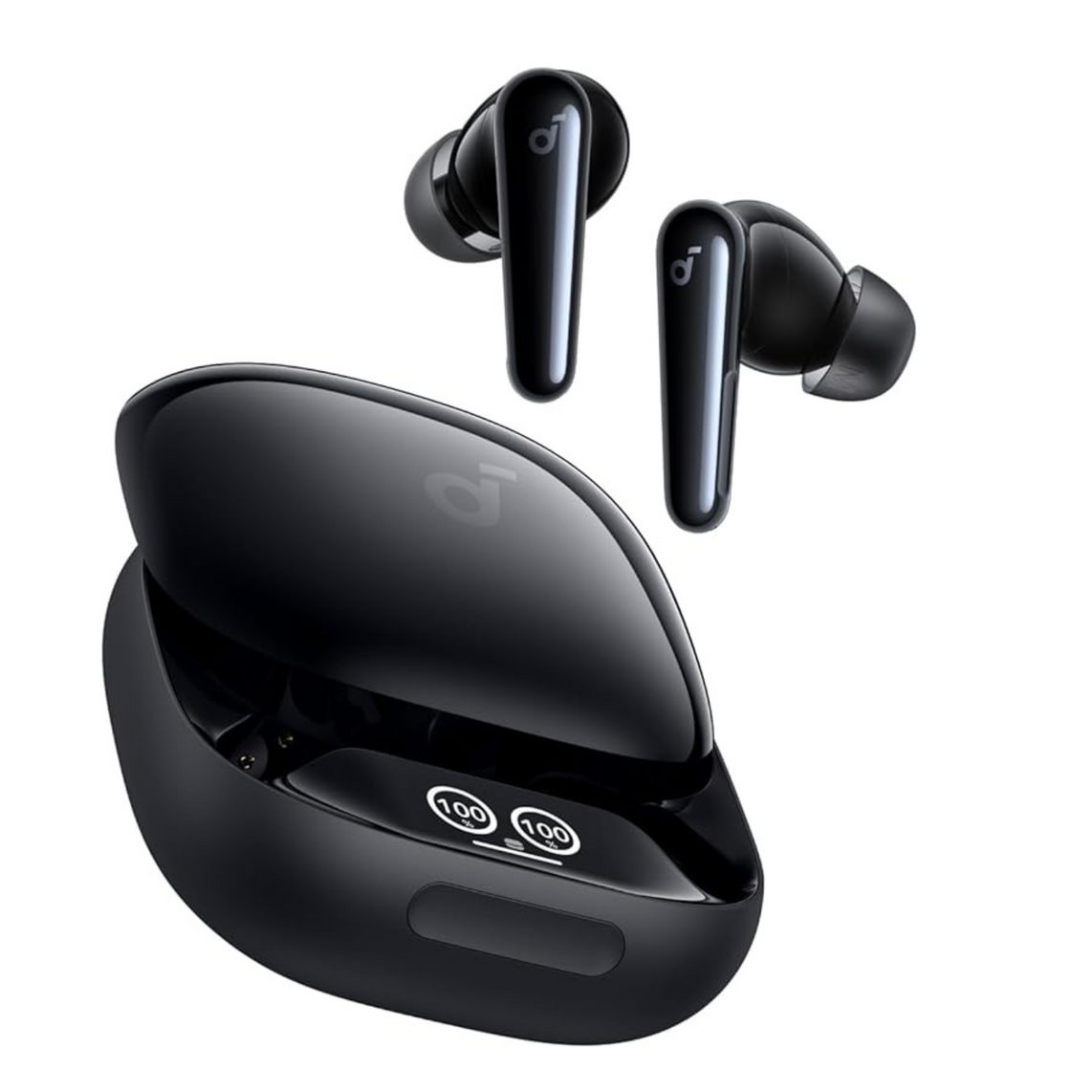 A pair of black earbuds with a smile on them on a white background.