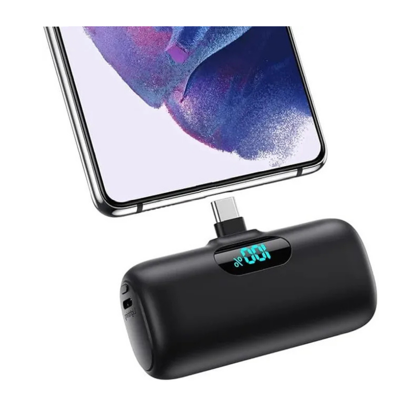 A cell phone is plugged into a power bank.