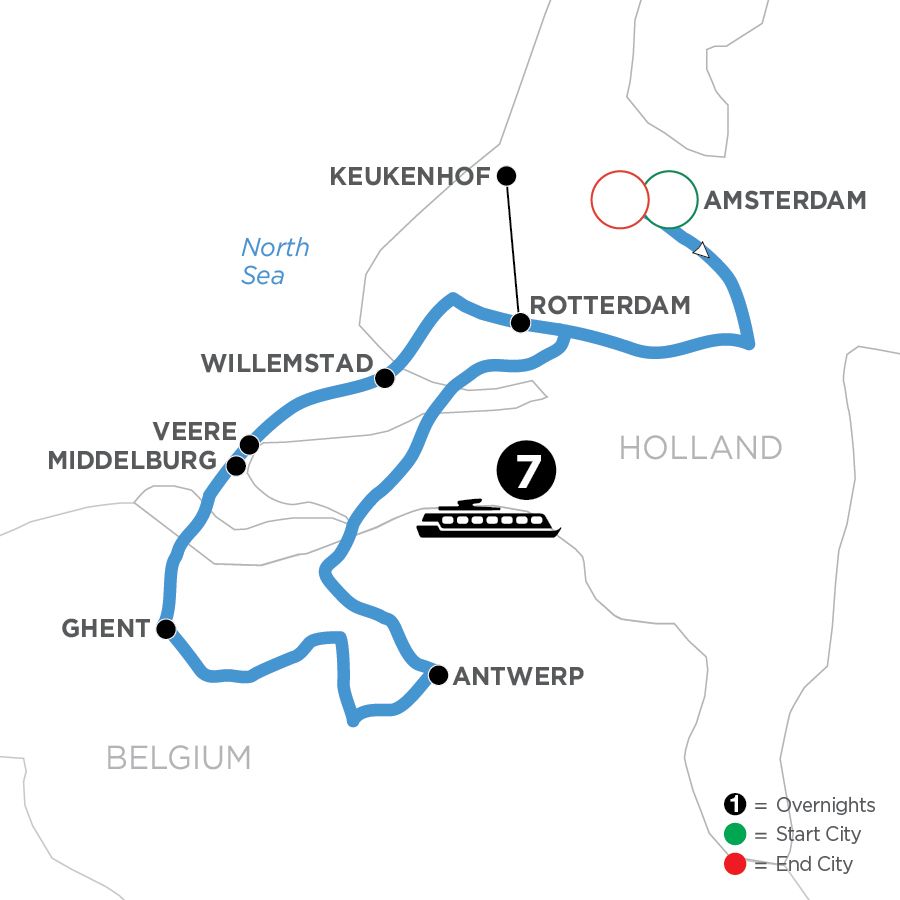 A map showing the route of Avalon's Tulip Time river cruise through the Netherlands and Belgium.