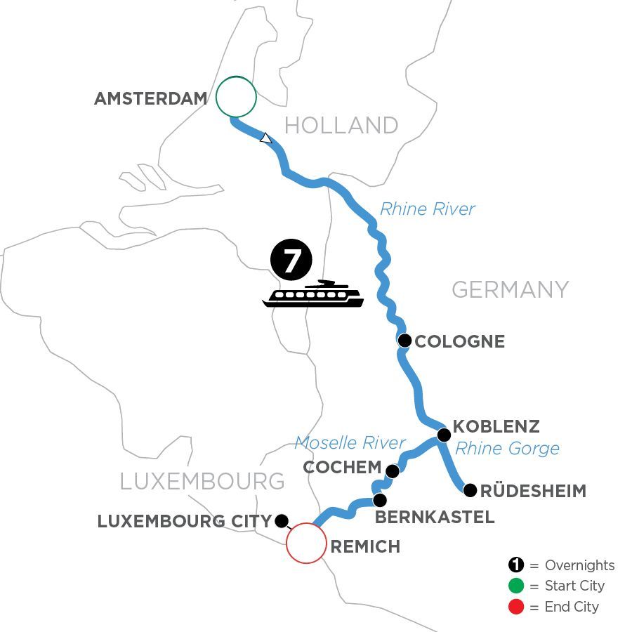 A map showing the route of Avalon's Canals, Vineyards, & Castles river cruise through the Rhine & Moselle rivers.