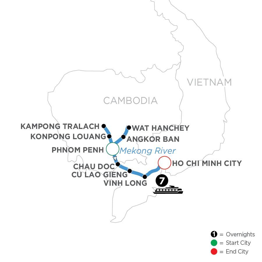 A map showing the route of Avalon's Mekong river cruise through Cambodia and Vietnam.