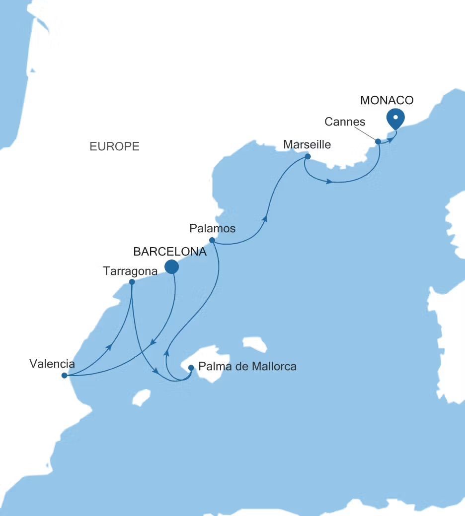A map showing the route of a Silversea cruise through the Spanish and French coasts to Monaco.