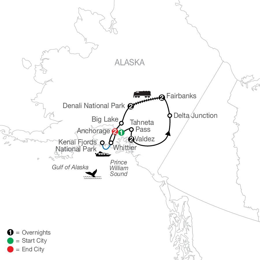 A map showing the route of Globus's Spectacular Alaska tour.